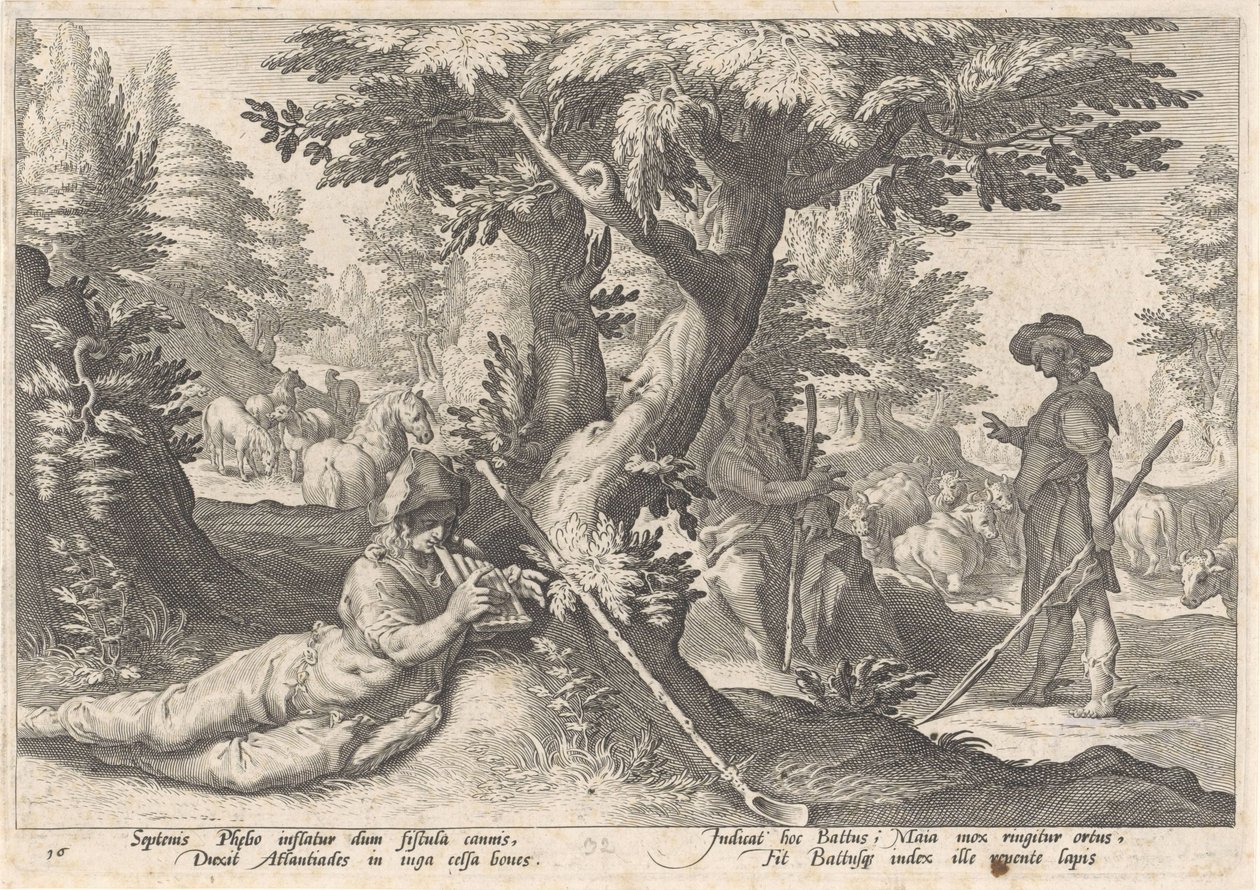 Mercurio trasforma Battus in una pietra da Hendrick Goltzius (workshop of)