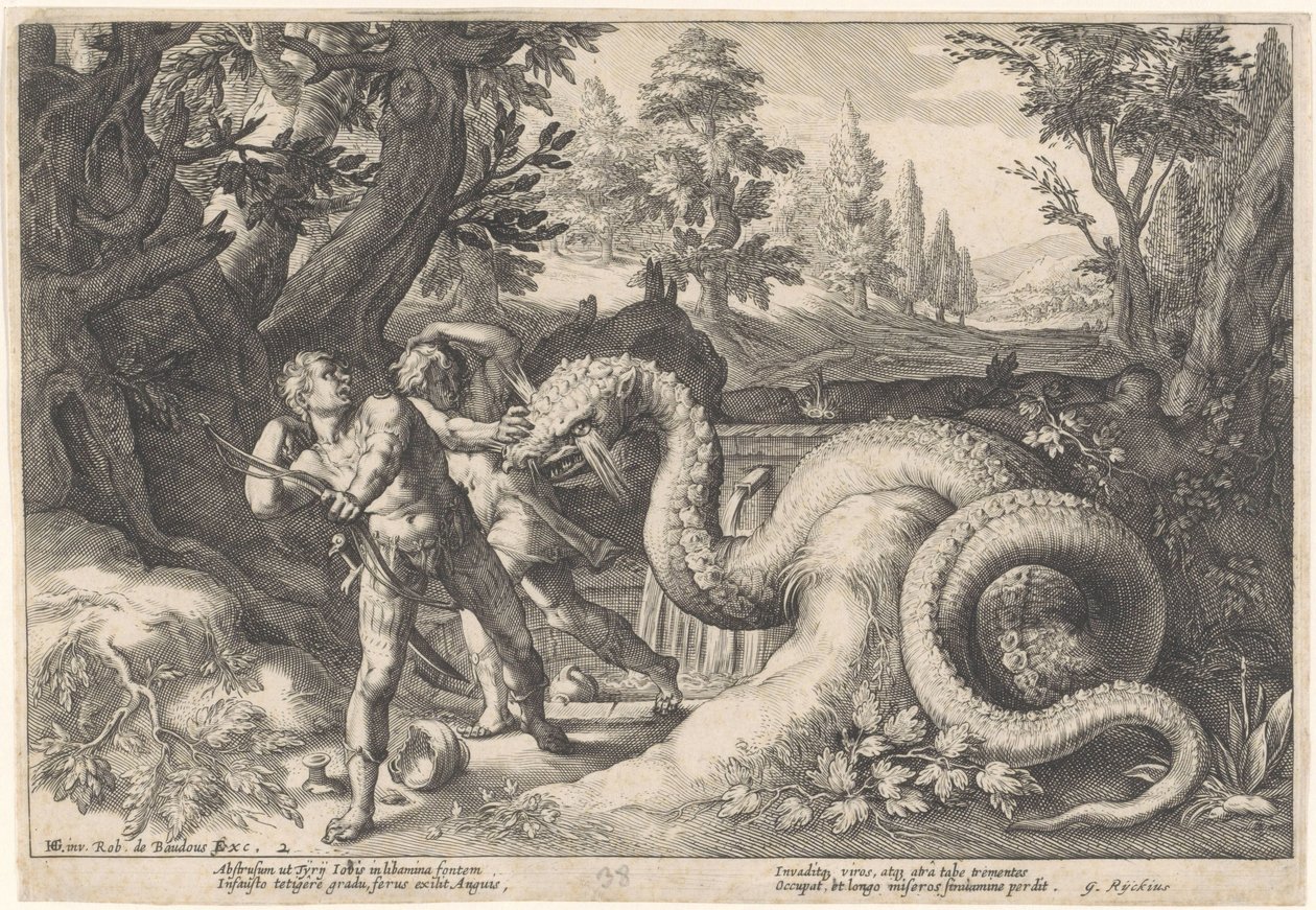 Compagni di Cadmo divorati da un drago da Hendrick Goltzius (workshop of)