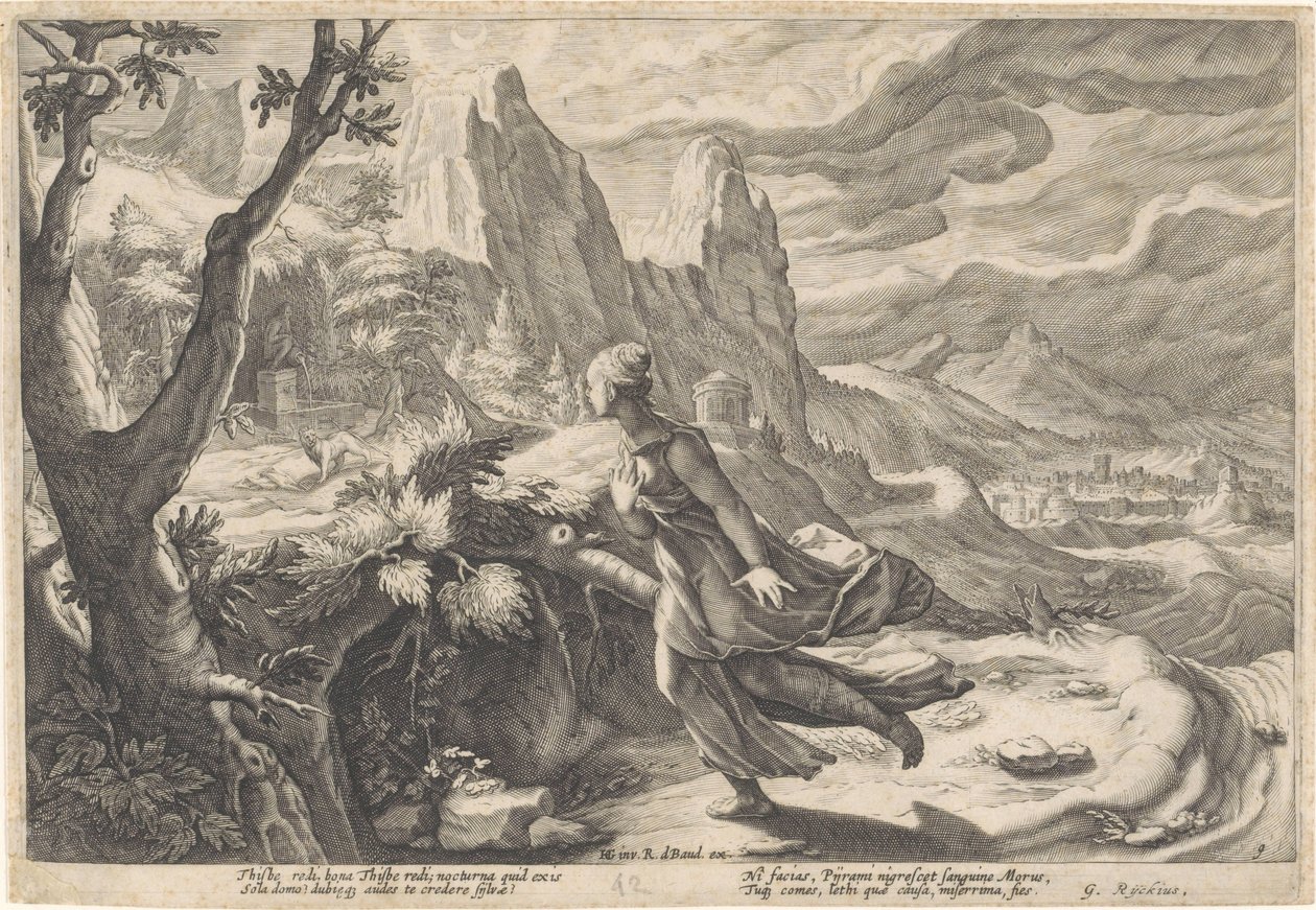 Thisbe fugge dalla leonessa da Hendrick Goltzius (workshop of)