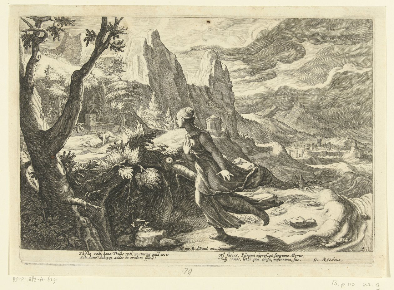 Thisbe fugge da un leone da Hendrick Goltzius (workshop of)