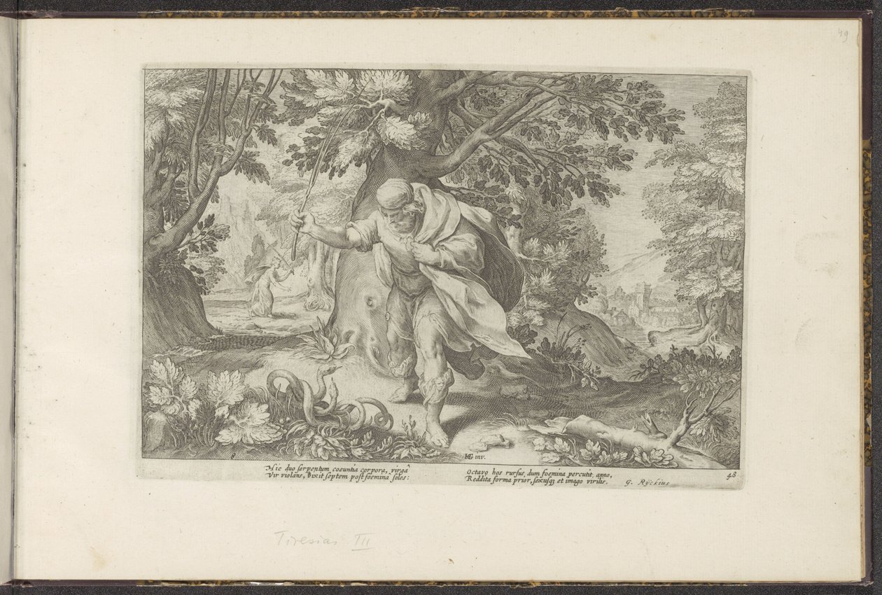 Tiresia colpisce due serpenti accoppiati (serie Ovidio Metamorfosi) da Hendrick Goltzius (workshop of)