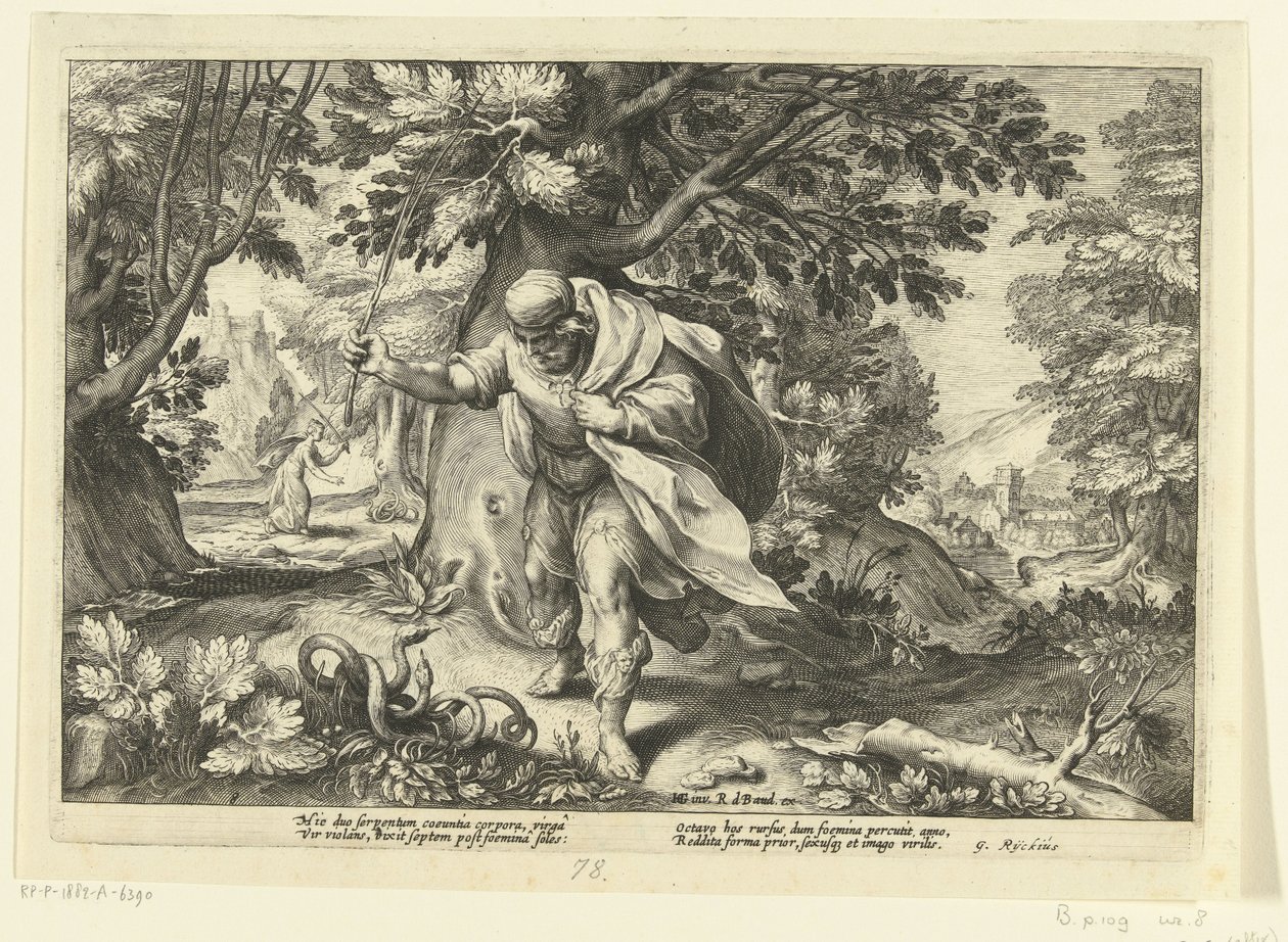 Tiresia colpisce due serpenti accoppiati (serie Le Metamorfosi di Ovidio) da Hendrick Goltzius (workshop of)