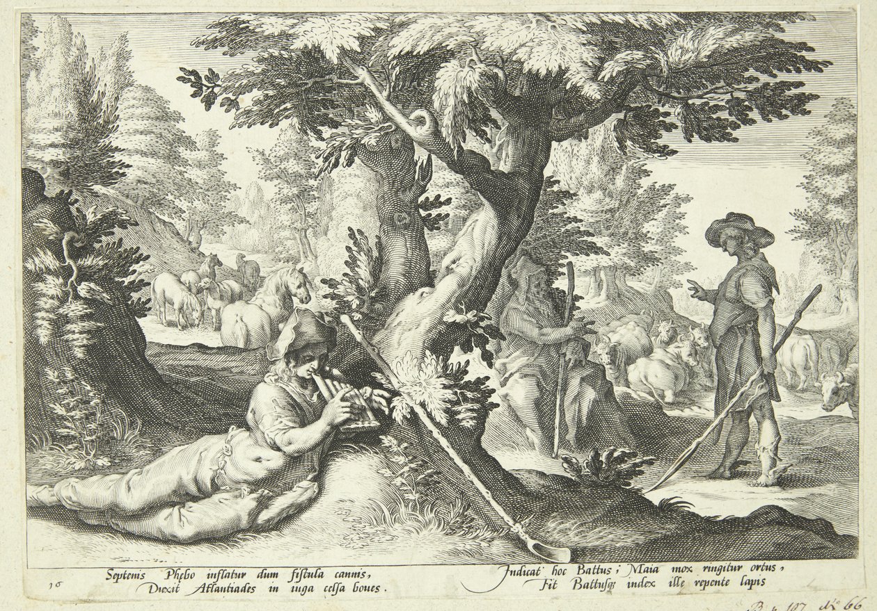 Battus si trasforma in pietra da Hendrick Goltzius