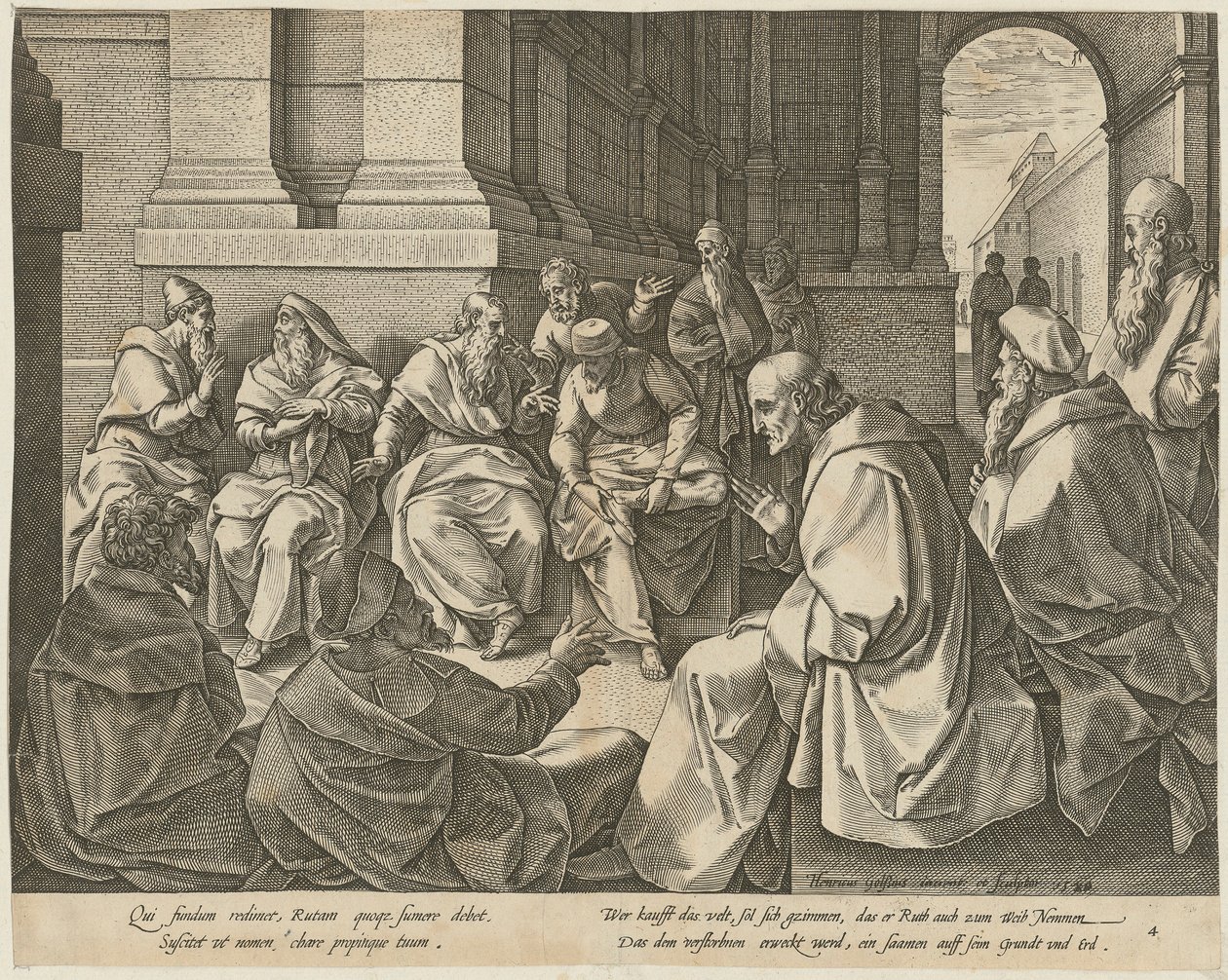 Boas con i dieci anziani, pagina 4 della serie "La storia di Ruth" da Hendrick Goltzius