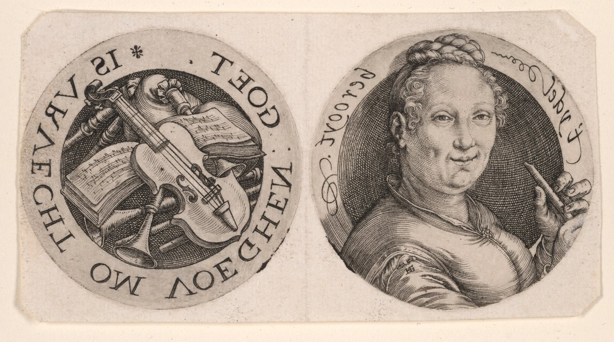 Busto di donna che regge un flauto e strumenti musicali, su un foglio da Hendrick Goltzius