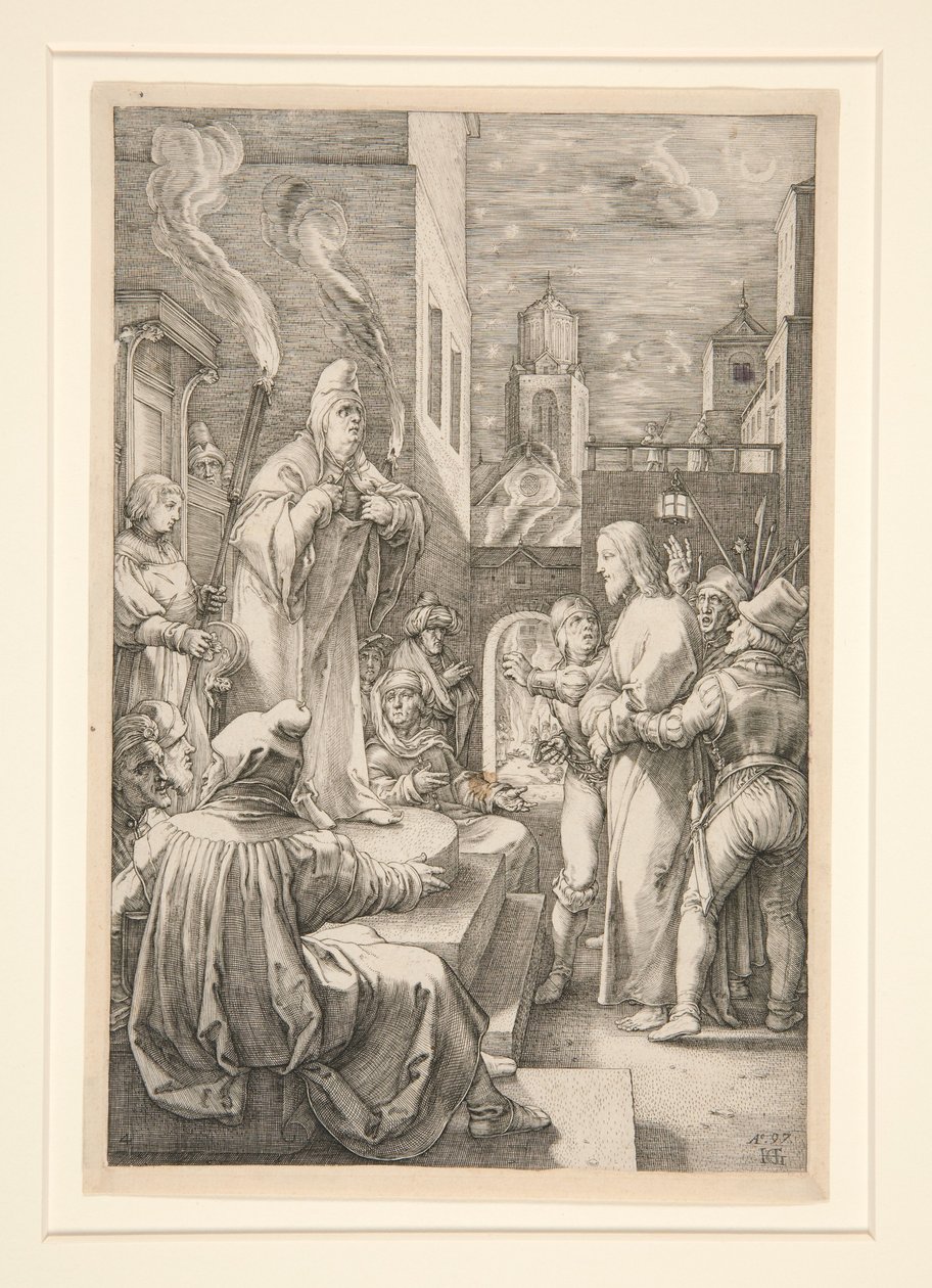 Cristo davanti a Caifa, tavola 4 della serie La Passione di Cristo da Hendrick Goltzius