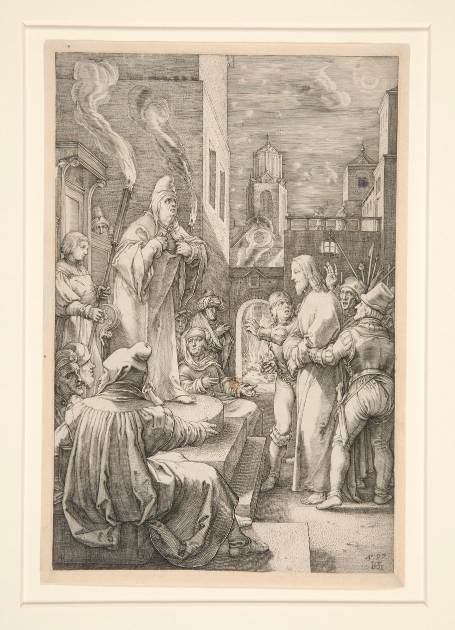 Cristo davanti a Caifa, da La Passione, #4 in una serie di 12 incisioni da Hendrick Goltzius