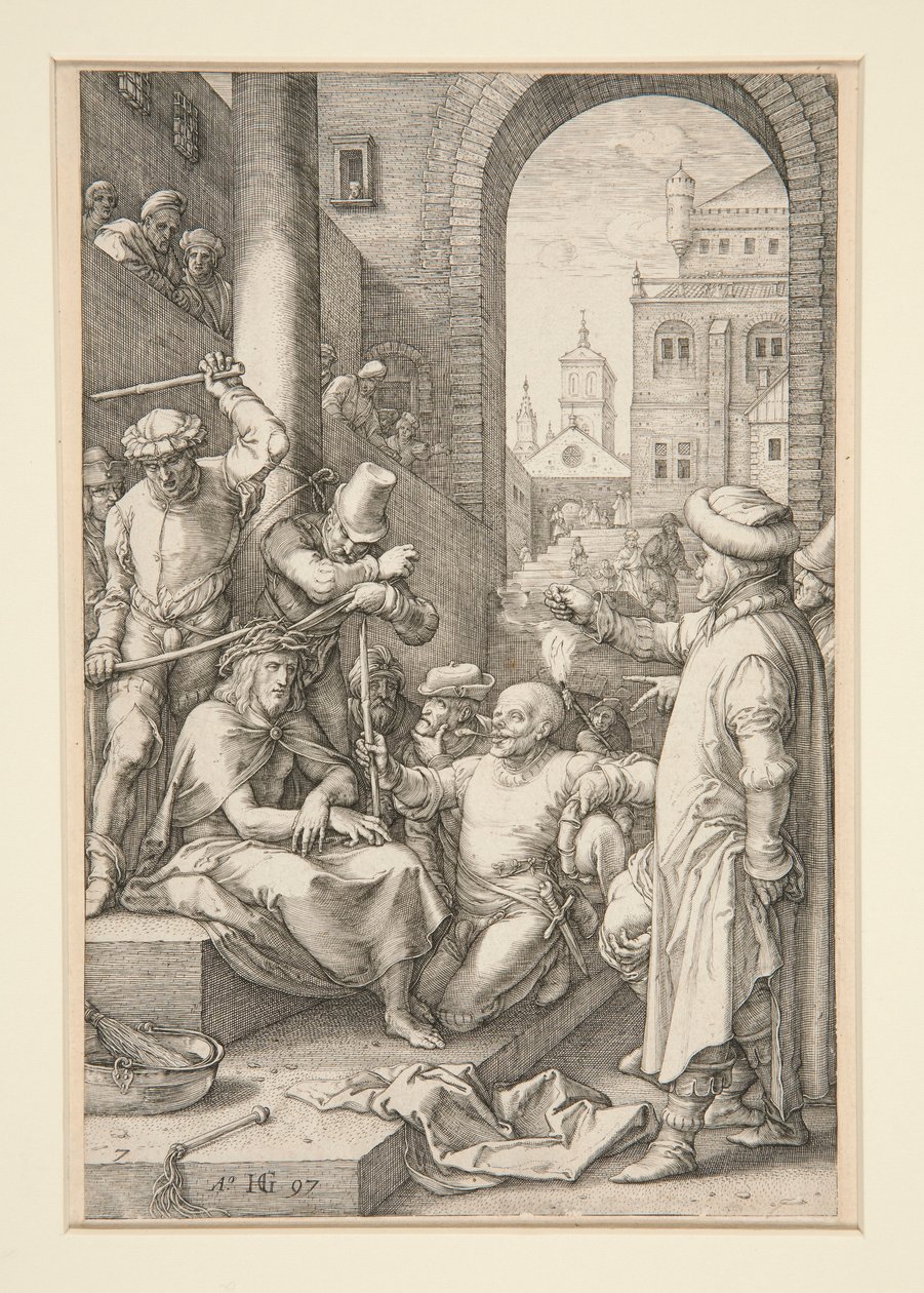 Cristo coronato di spine, da La Passione, #7 in una serie di 12 incisioni da Hendrick Goltzius