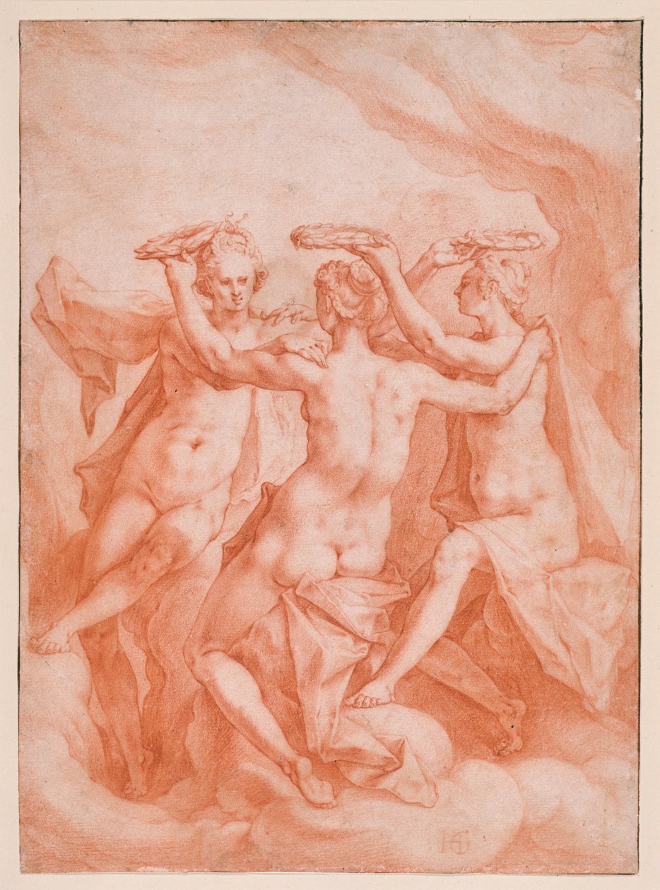 Die drei Grazien auf Wolken schwebend da Hendrick Goltzius