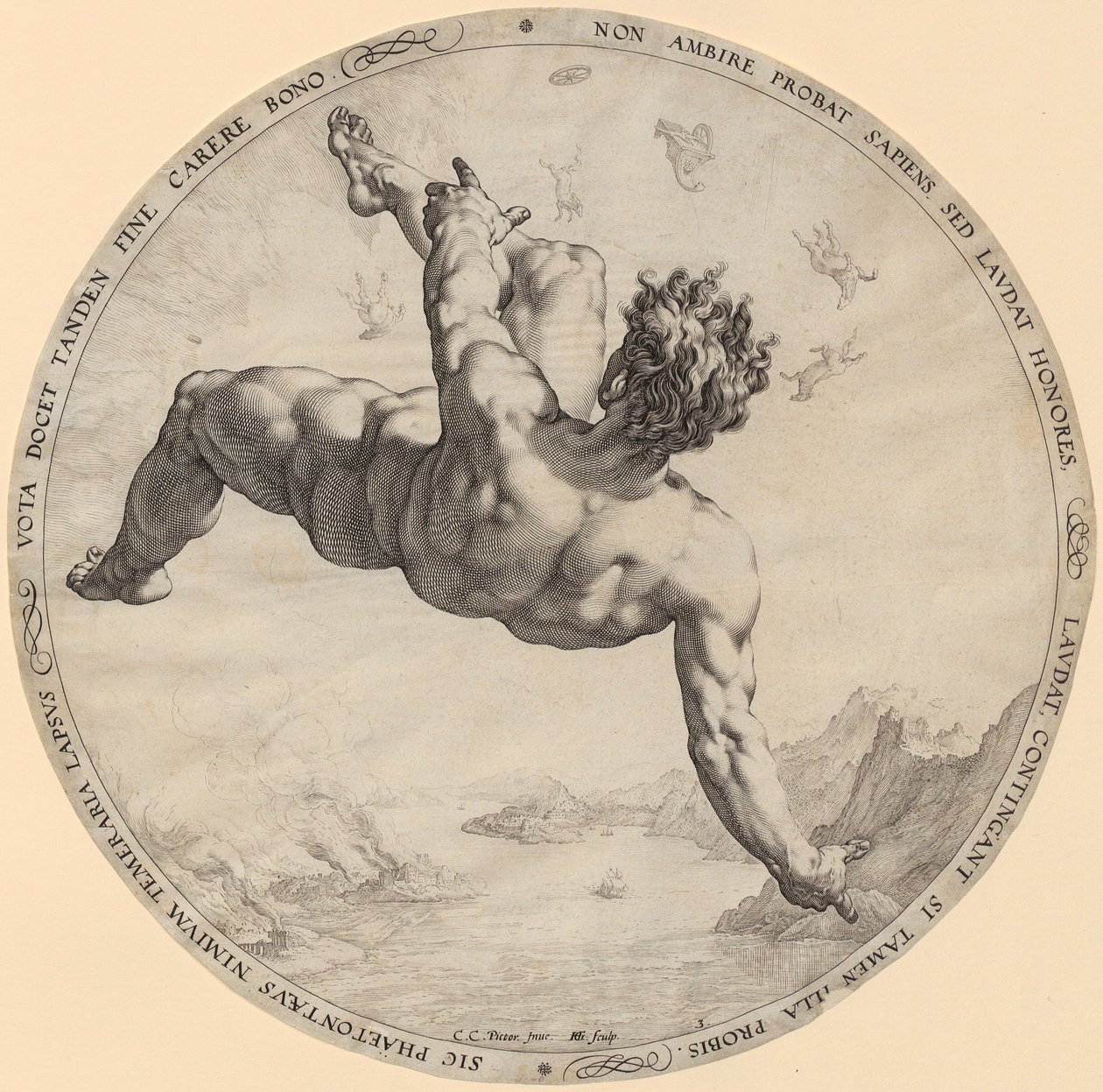 La caduta di Faetone, pagina 3 della serie "I quattro conquistatori del cielo" da Hendrick Goltzius