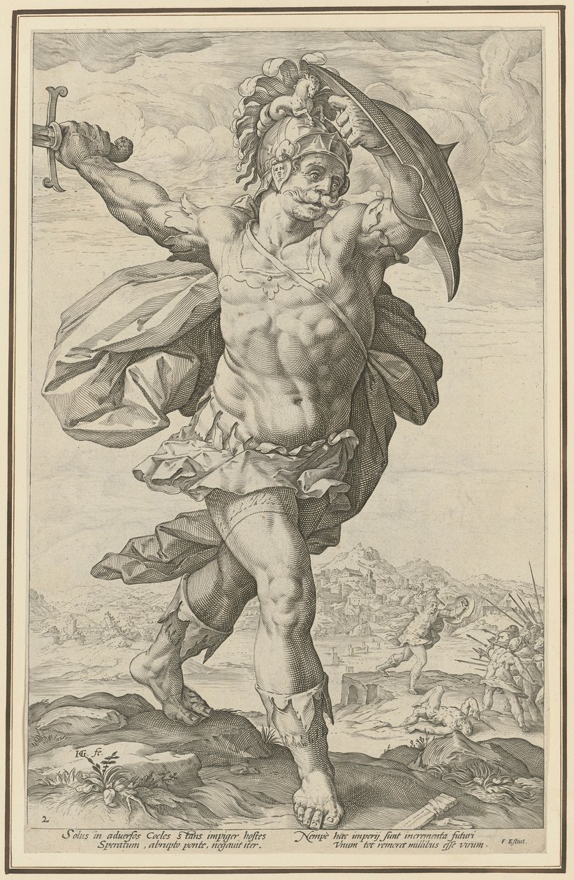 Orazio Cocles, foglio 2 della serie "Eroi romani" da Hendrick Goltzius