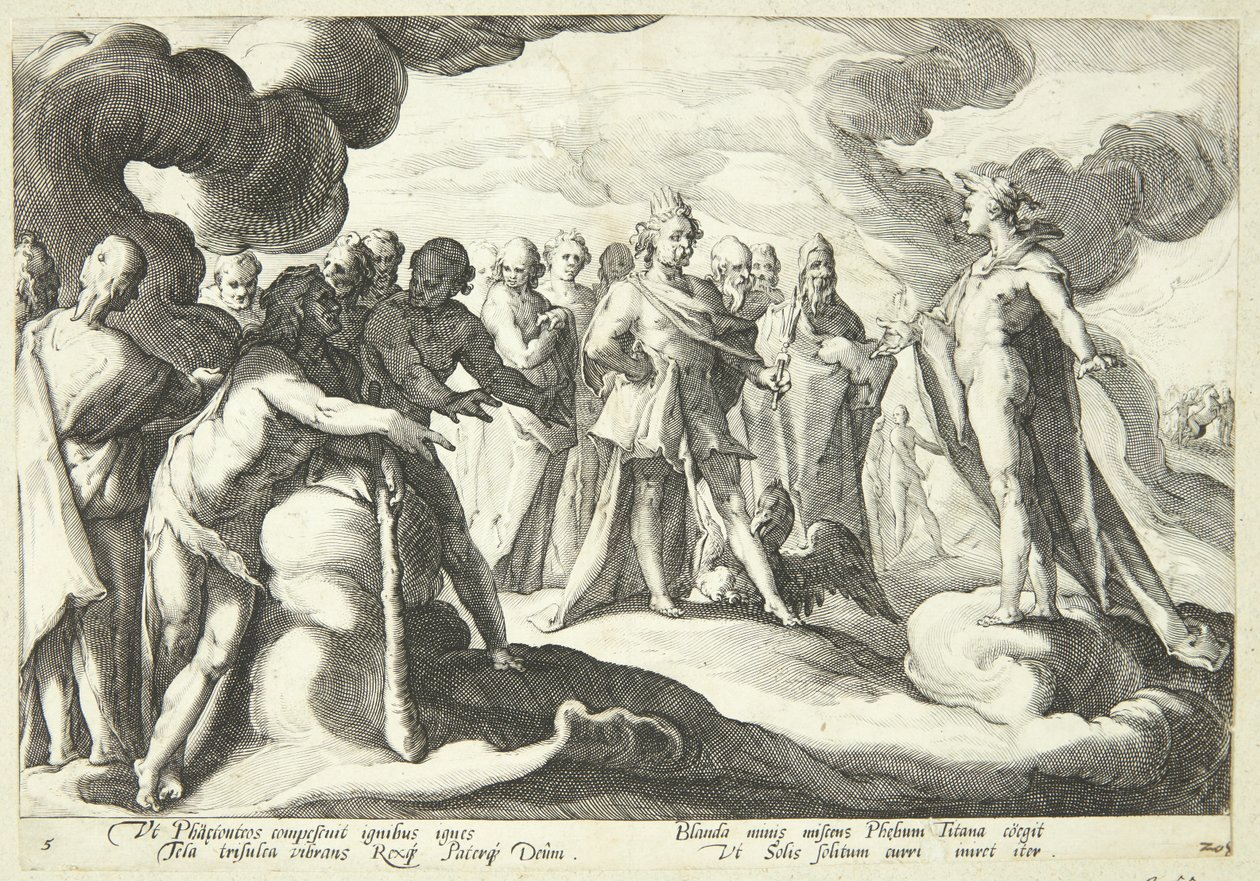 Giove e gli dei chiedono a Helios di riprendere il controllo del carro solare da Hendrick Goltzius