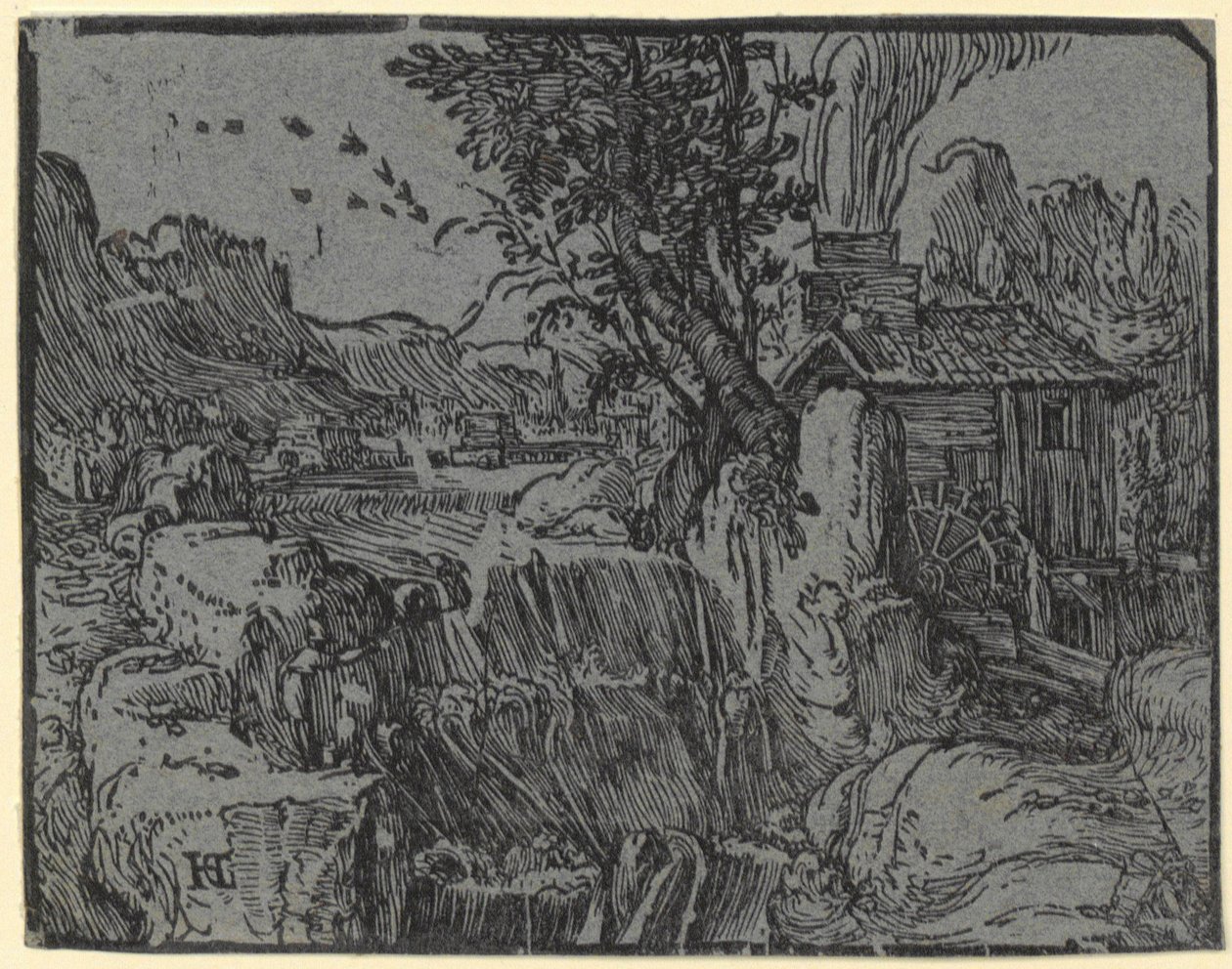 Paesaggio con cascata e mulino, tavola 1 della serie "Quattro piccoli paesaggi" da Hendrick Goltzius
