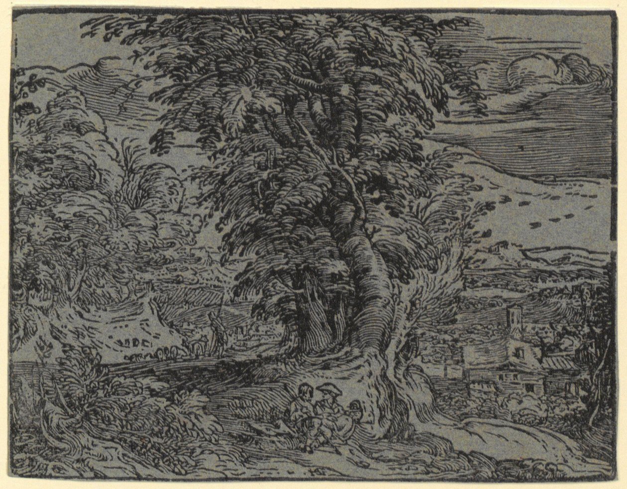 Paesaggio con coppia seduta e pastore, tavola 2 della serie "Quattro piccoli paesaggi" da Hendrick Goltzius