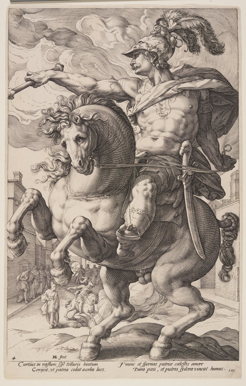 Marco Curzio a cavallo, da Gli eroi romani da Hendrick Goltzius