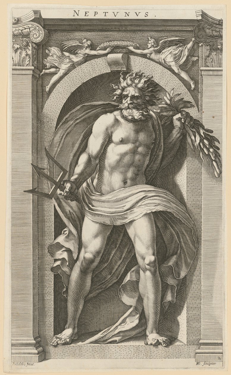 Nettuno, foglio 2 della serie "Otto divinità antiche" da Hendrick Goltzius