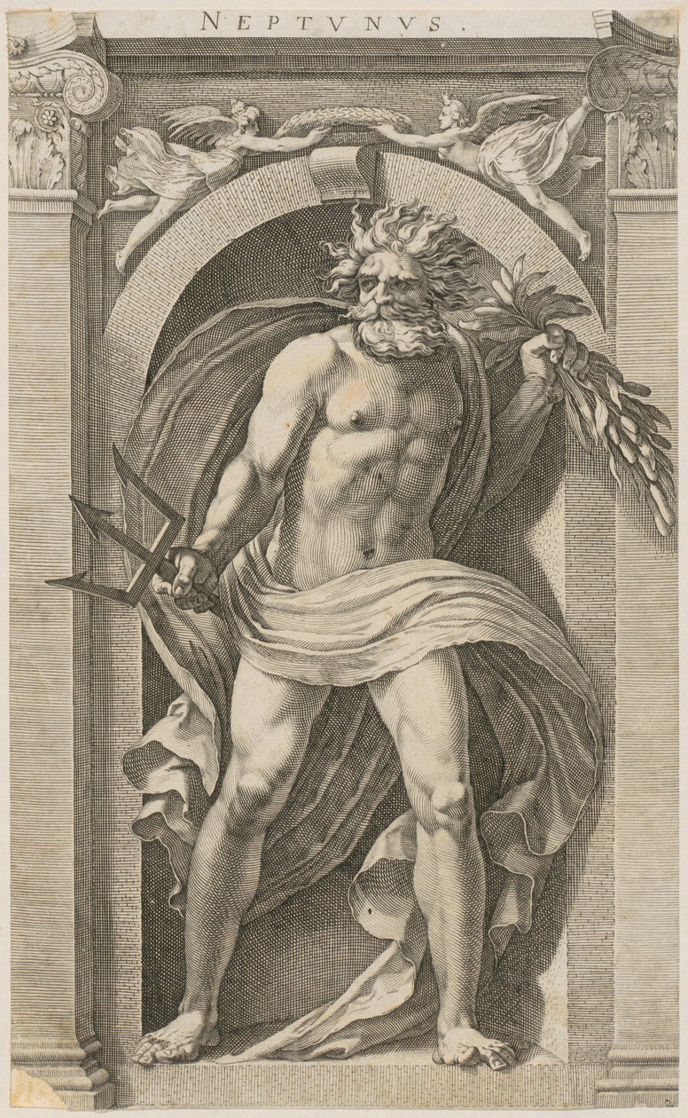 Nettuno, foglio 2 della serie "Otto divinità antiche" da Hendrick Goltzius