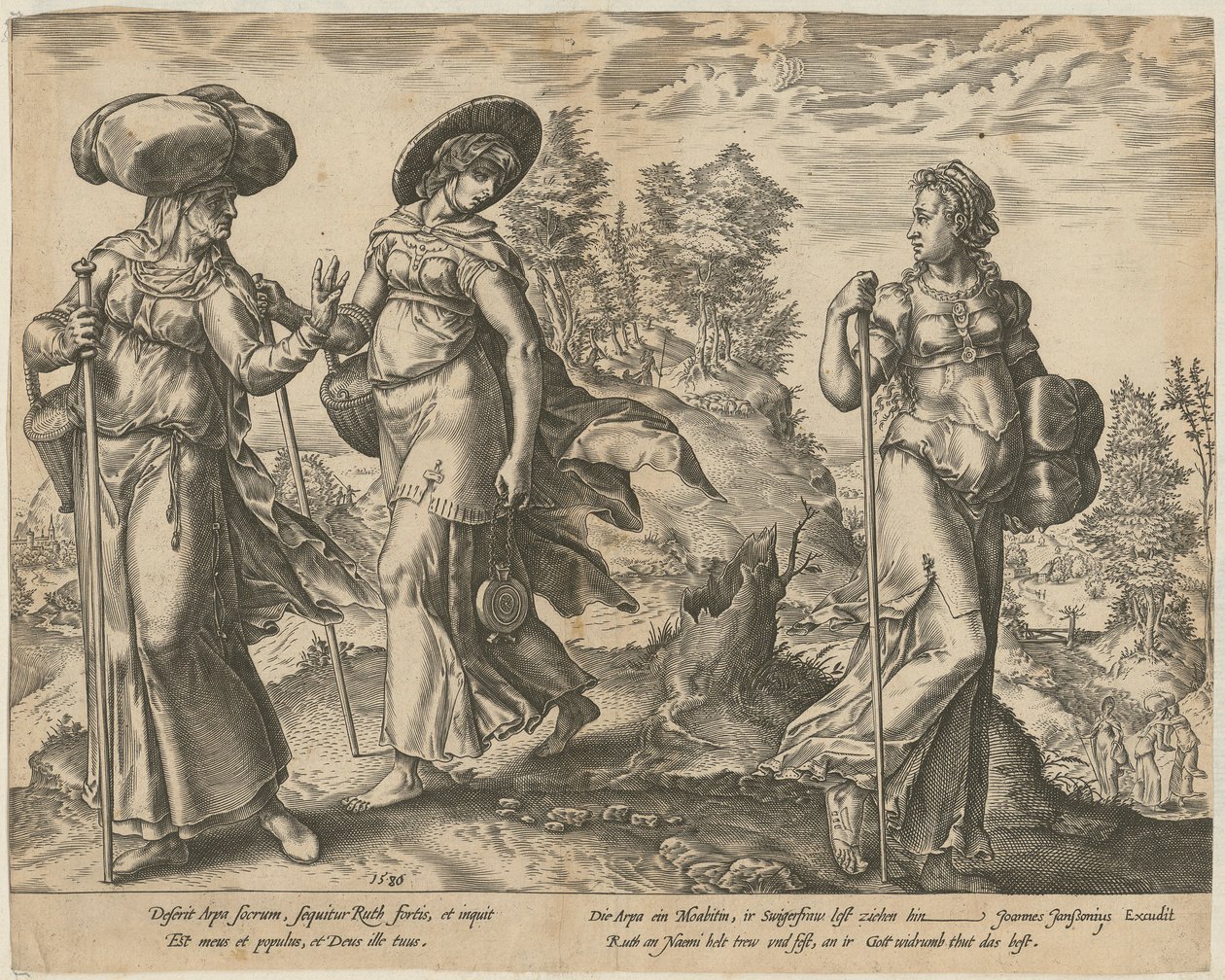 Orpa lascia Ruth e Naomi [Foglio 1] e Ruth davanti a Boaz nei campi [Foglio 2], fogli 1 e 2 della serie "La storia di Ruth" da Hendrick Goltzius