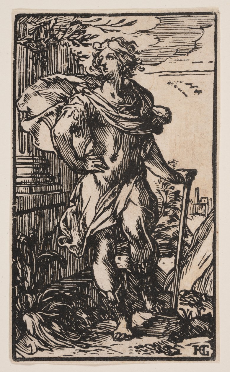 Giovane in piedi con bastone da Hendrick Goltzius