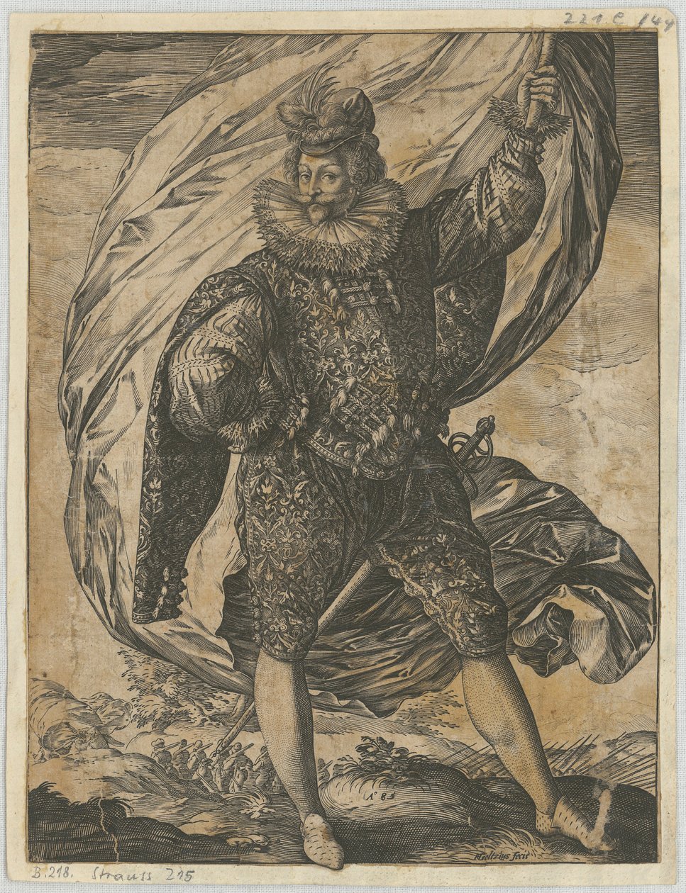 Portabandiera in piedi, con lo sguardo rivolto verso sinistra da Hendrick Goltzius