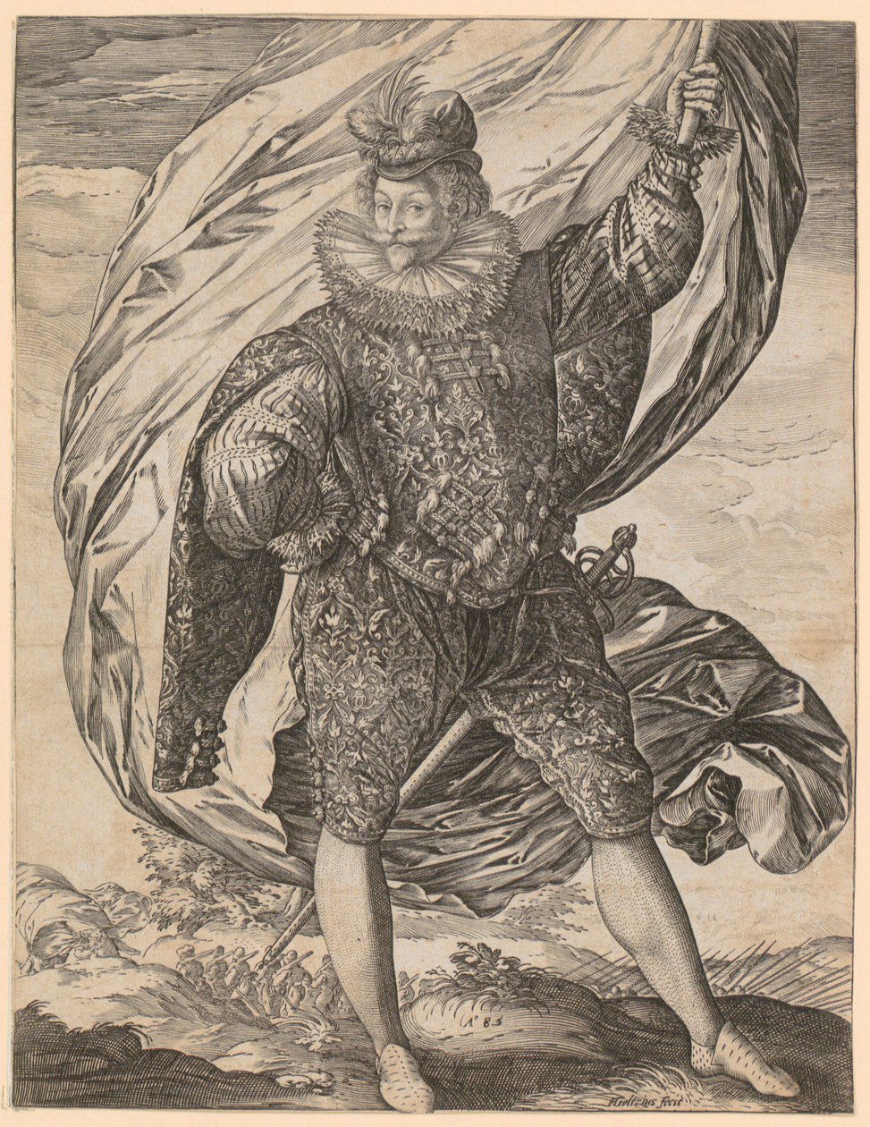 Portabandiera in piedi, con la testa rivolta a sinistra da Hendrick Goltzius