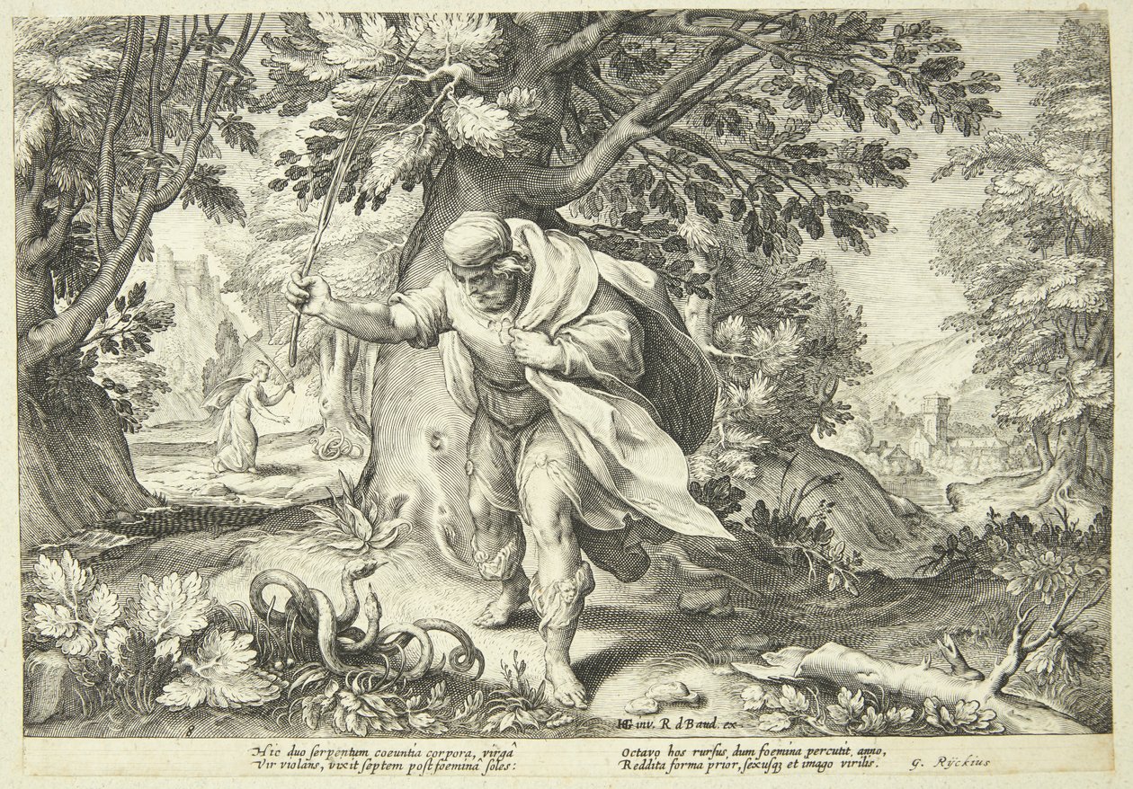 Tiresia colpisce due serpenti accoppiati con il suo bastone da Hendrick Goltzius