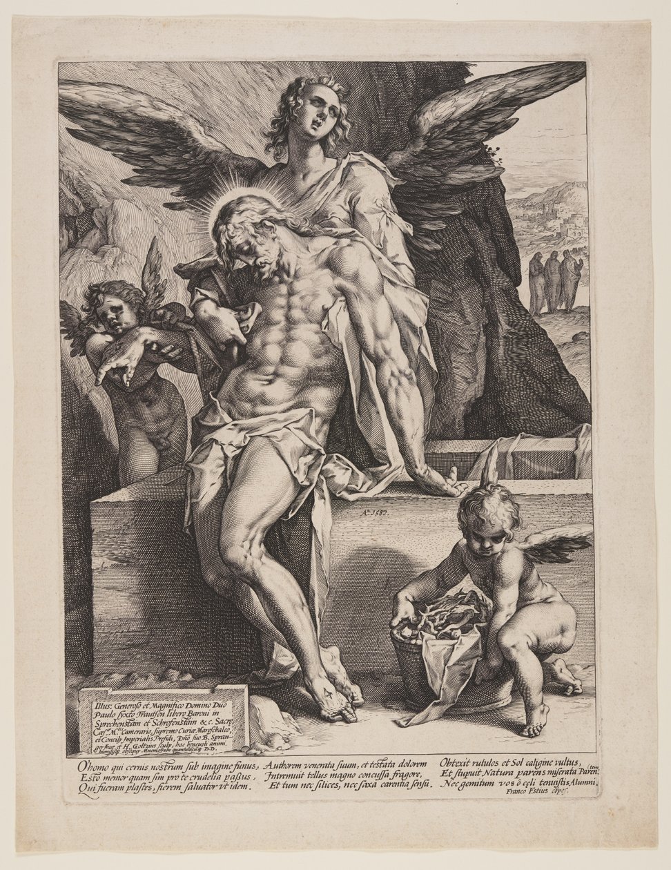 Il Salvatore morto sostenuto da un angelo da Hendrick Goltzius