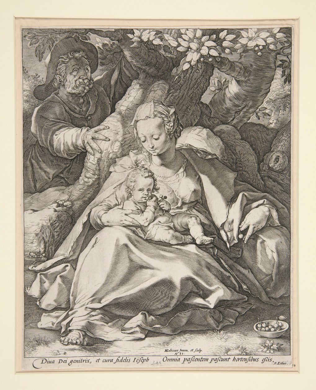 La Sacra Famiglia sotto il ciliegio / Riposo durante la fuga in Egitto sotto un ciliegio da Hendrick Goltzius