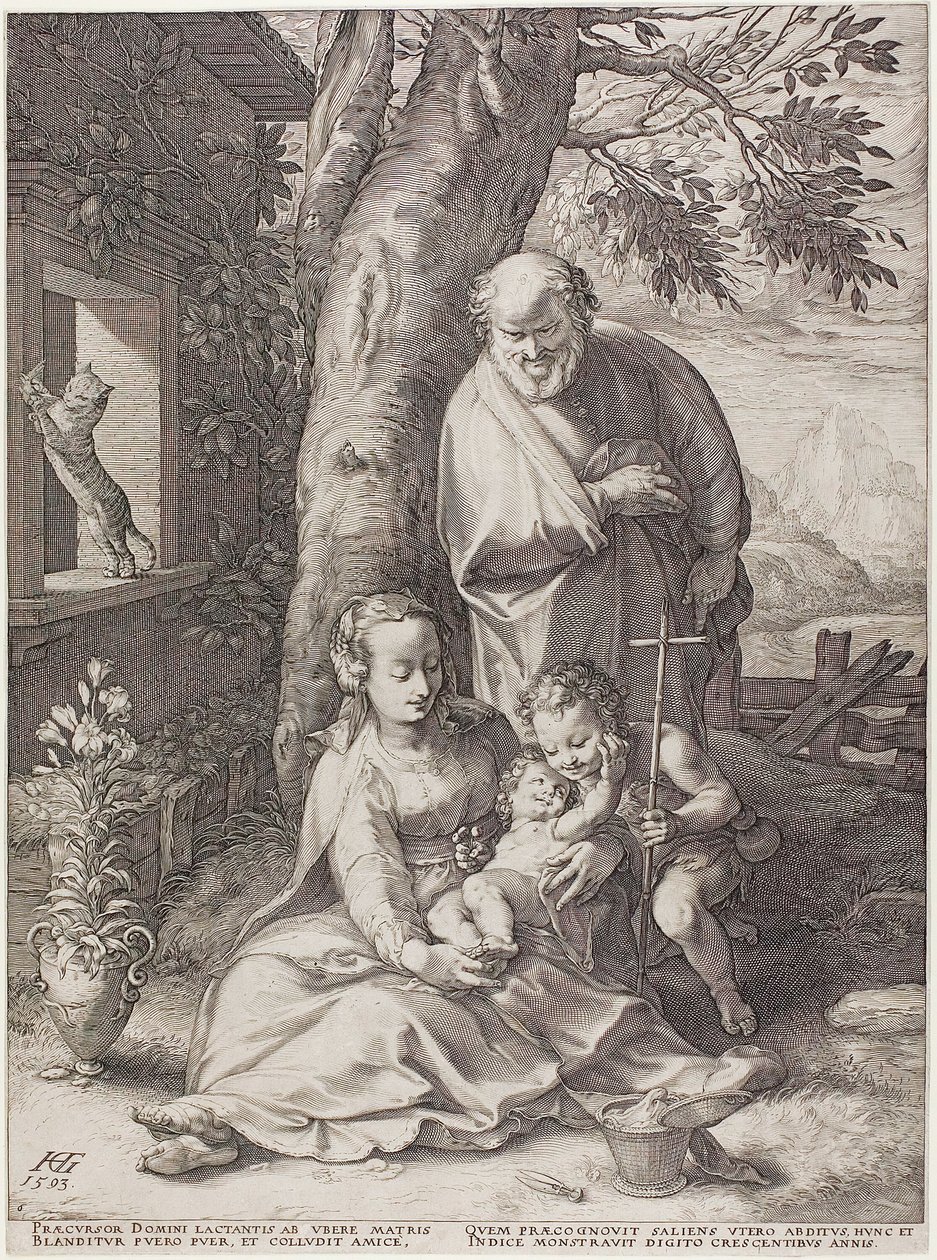 La Sacra Famiglia con il piccolo Giovanni Battista, tavola sei da La nascita e la prima vita di Cristo da Hendrick Goltzius