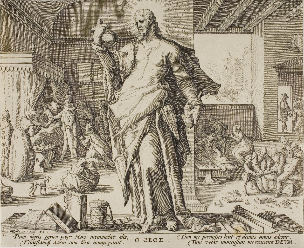 Il Medico Considerato come Dio, tavola uno da Allegorie della Professione Medica da Hendrick Goltzius