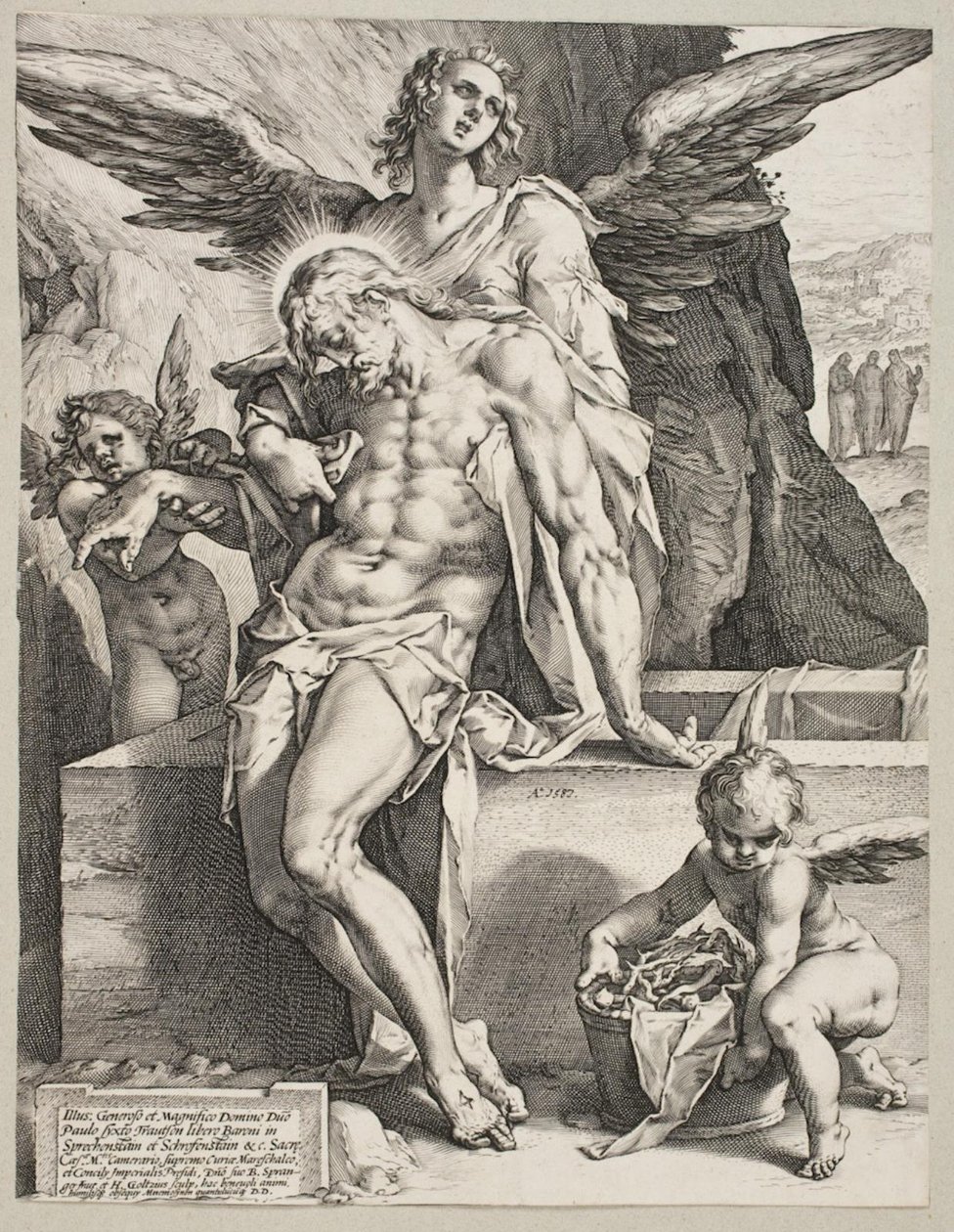 Il corpo di Cristo sostenuto da un angelo da Hendrick Goltzius