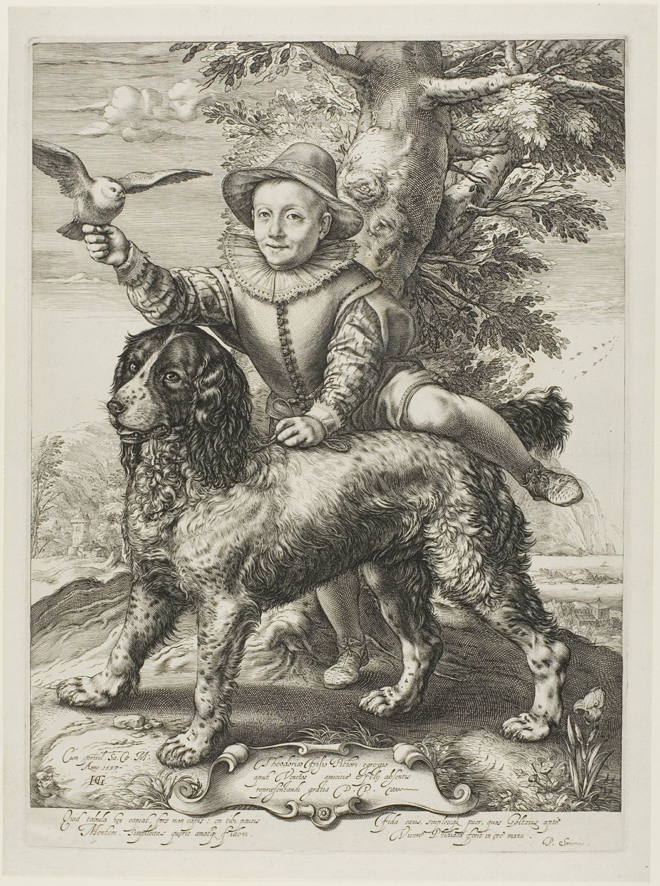 Vries, Frederik de Vries (morto nel 1613) figlio del pittore Dirck de Vries, allievo di Goltzius, con il cane di Goltzius da Hendrick Goltzius