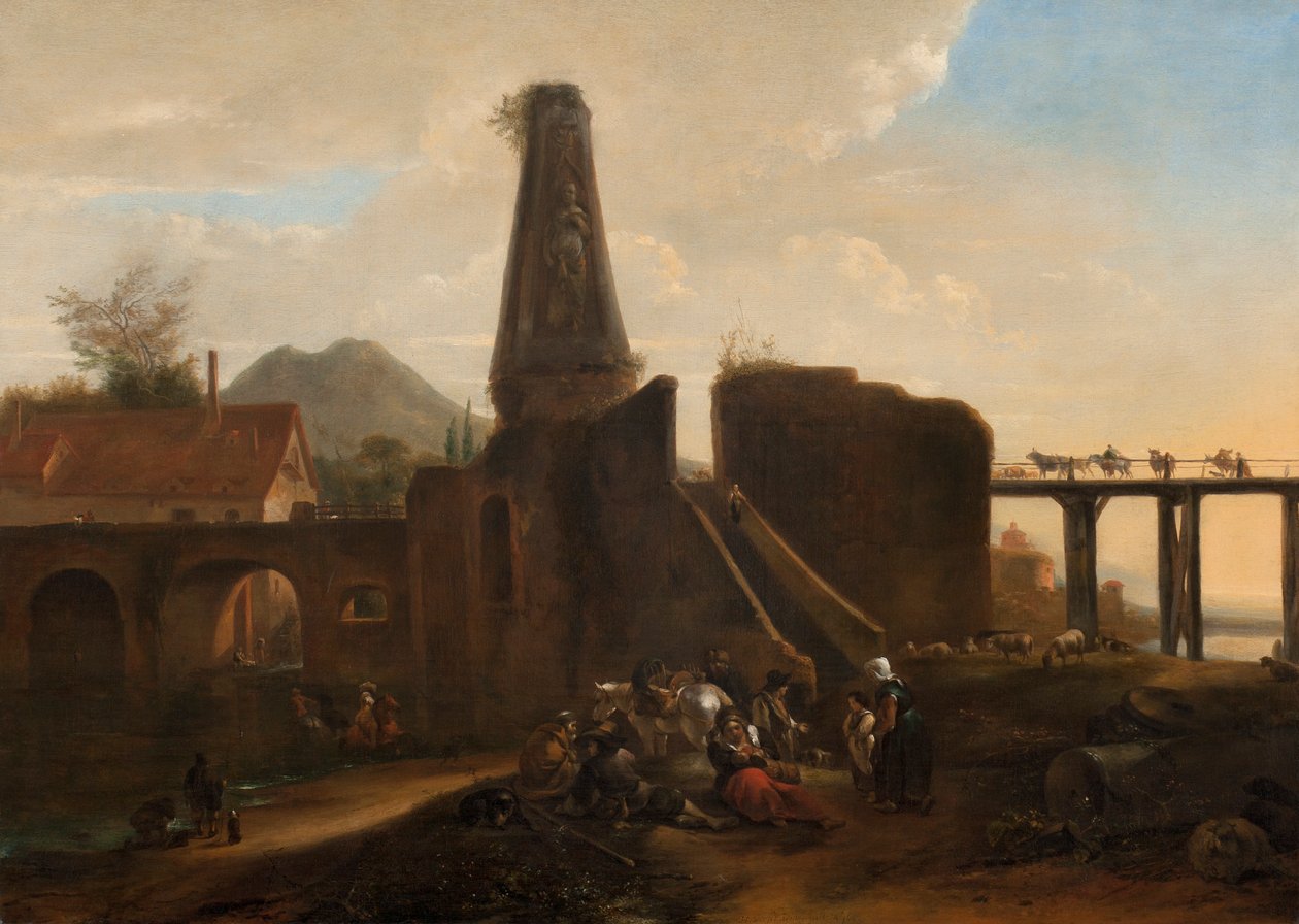 Viaggiatori a riposo accanto a rovine classiche, 1663 da Hendrick Verschuring