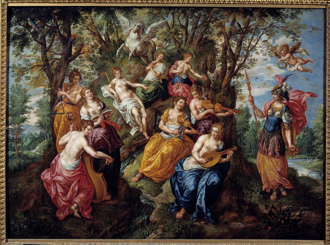 Visita di Minerva alle Muse. Dipinto di Hendrick de Clerk (1570-1629) (ec.flam.) XVII secolo Chalons Sur Marne. Museo delle Belle Arti. da Hendrick de Clerk