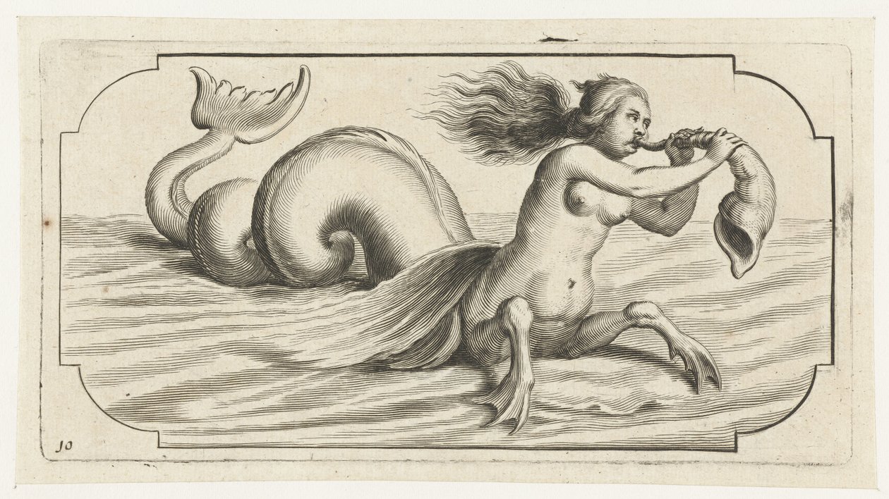 Figura femminile che soffia in una conchiglia (Nouveau Livre des Dieux et Deeßes De la Marine Bouckje van Zeegoden en Godinnen) da Hendrick de Keyser (I)