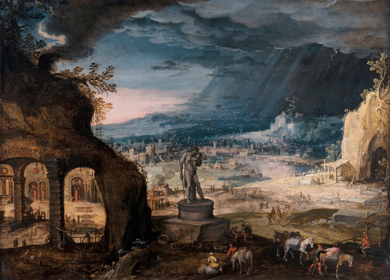Paesaggio con una statua di Saturno/Allegoria del tempo che passa da Hendrick van Cleve