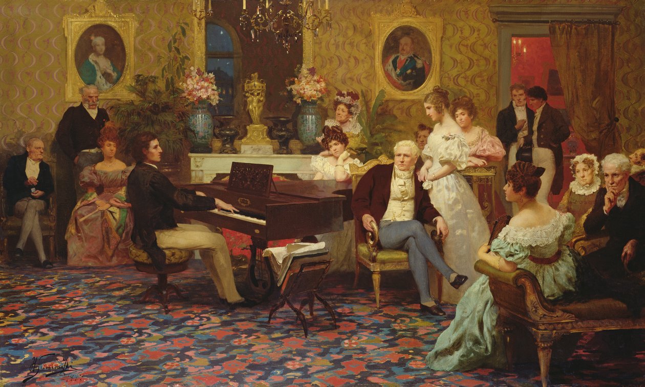 Chopin che suona il pianoforte nel salone del principe Radziwill, 1887 da Henryk Siemiradzki