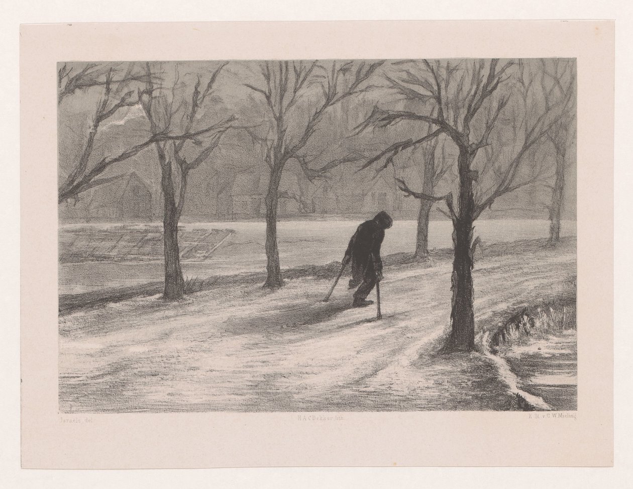 Uomo con stampelle in un paesaggio invernale da Hendrik Adriaan Christiaan Dekker