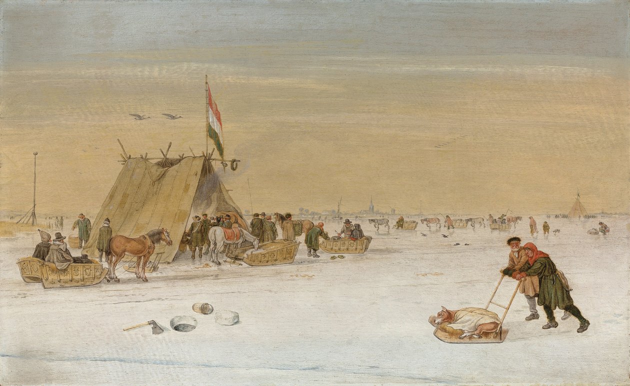 Paesaggio invernale con figure sul ghiaccio vicino a una tenda koek-en-zopie da Hendrik Avercamp