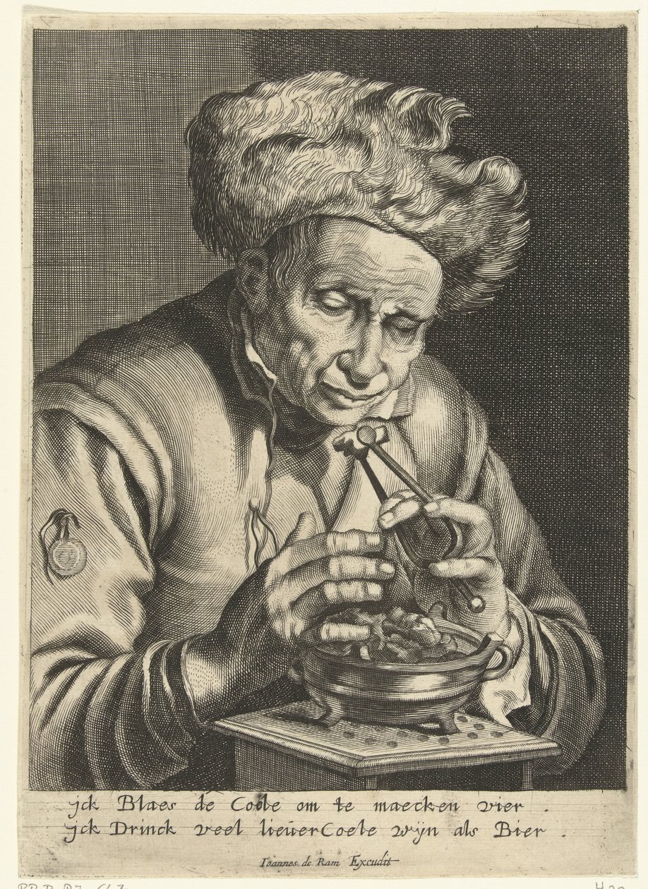 Un anziano che soffia su un carbone da Hendrik Bary