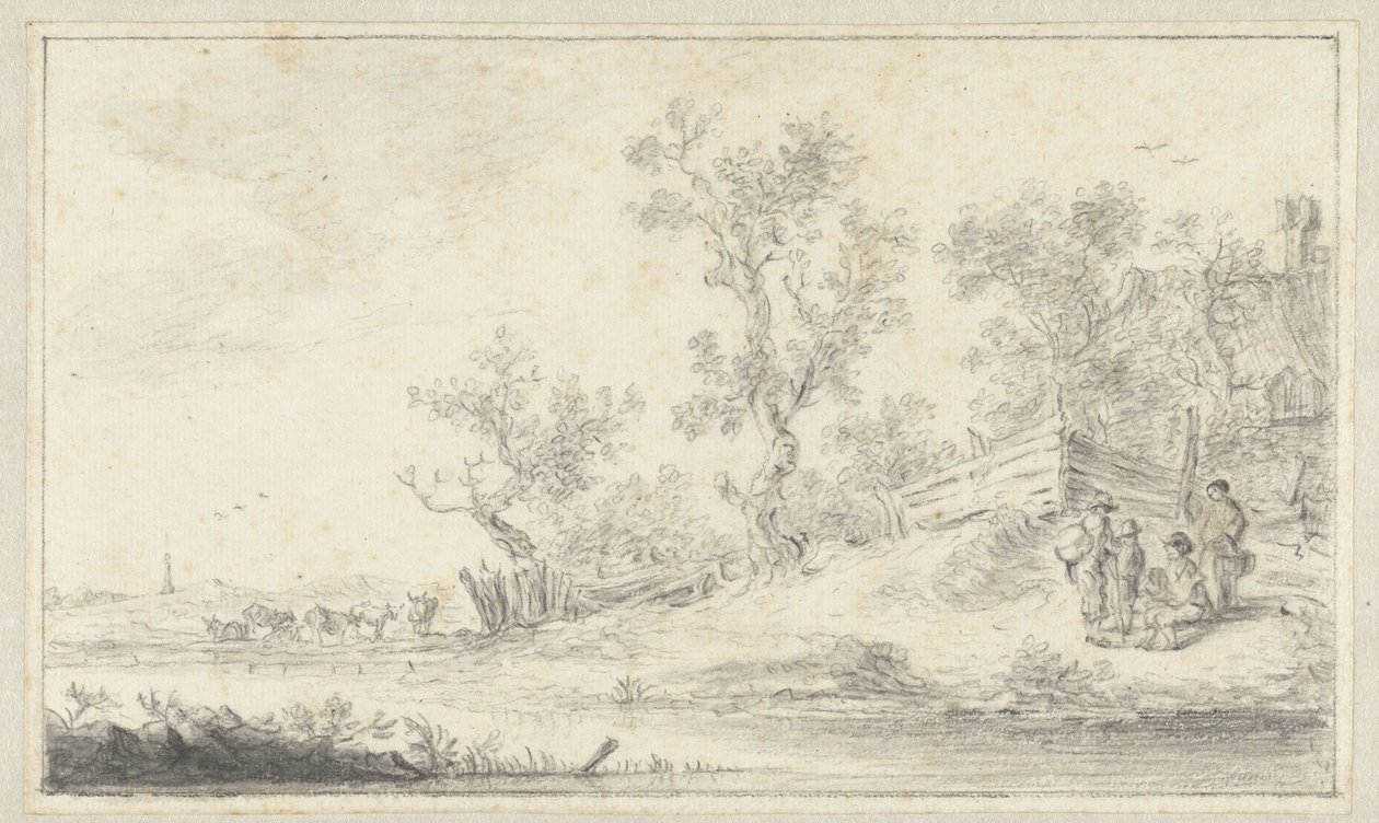 Paesaggio con un gruppo di quattro persone, a sinistra bestiame da Hendrik Chalon