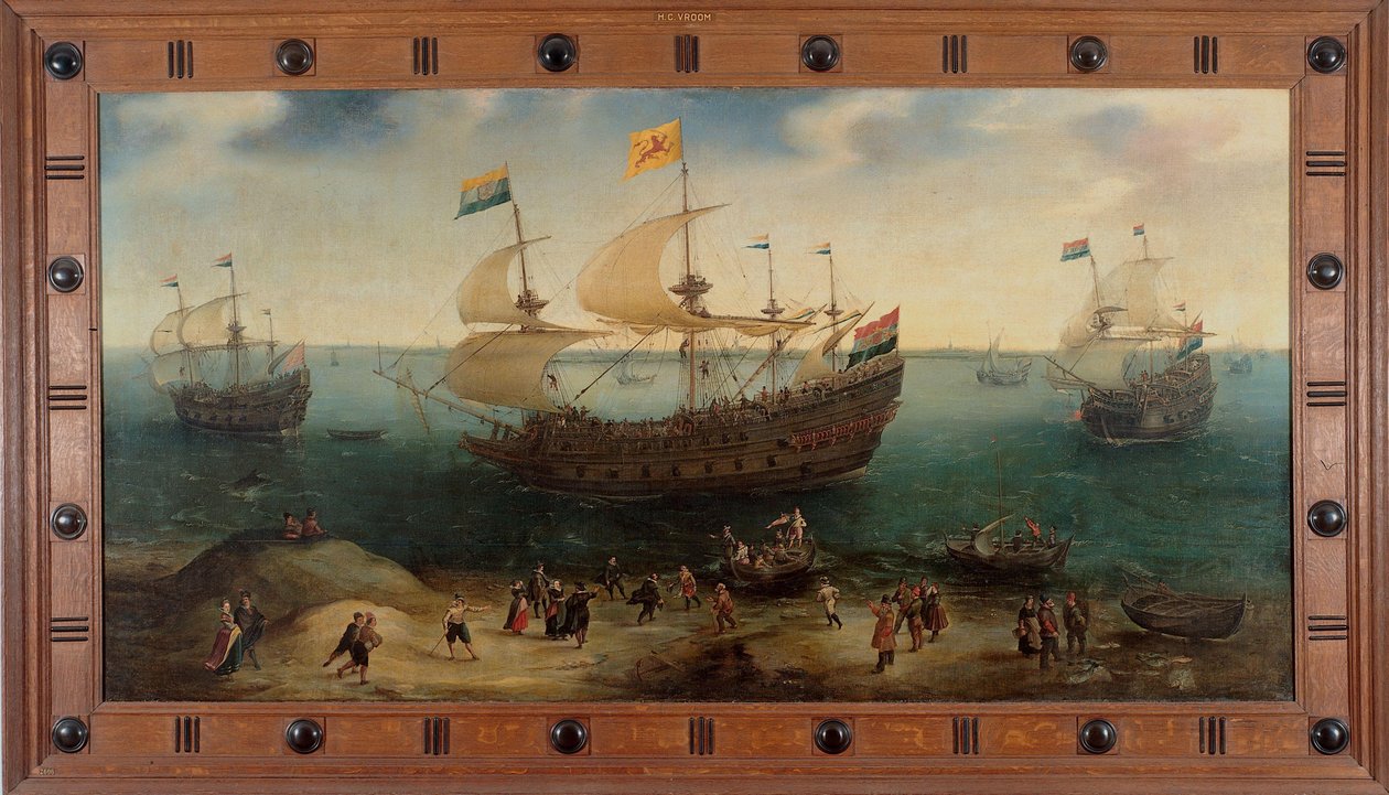 La nave a quattro alberi di Amsterdam De Hollandse Tuyn e altre navi tornano dal Brasile sotto il comando di Paulus van Caerden da Hendrick Cornelisz. Vroom