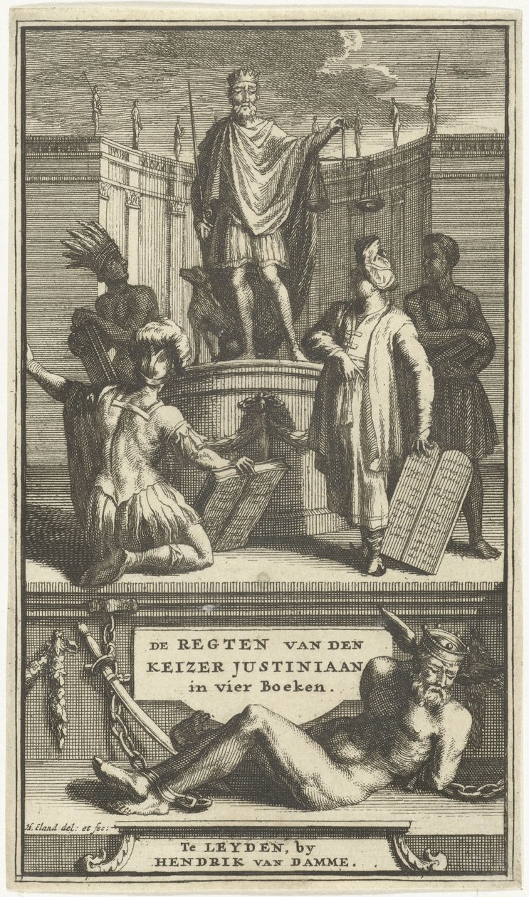 Pagina del titolo per De regten van den keizer Justiniaan, Leiden, 1705 da Hendrik Elandt