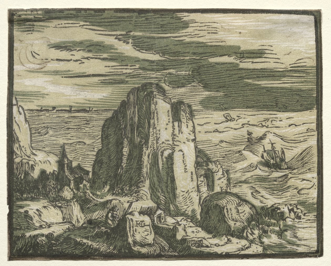 Da un set di 4 paesaggi: Scogliera sulla riva del mare da Hendrik Goltzius
