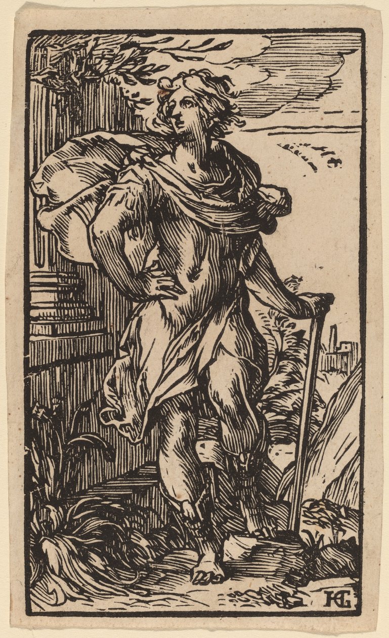 Giovane in piedi con un bastone da Hendrik Goltzius