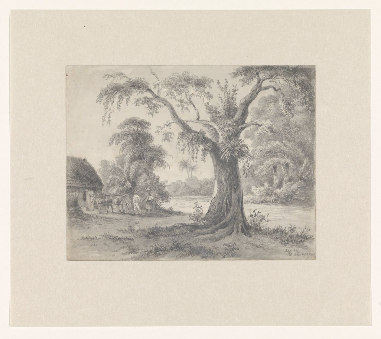 Paesaggio con un albero e capanna con cavallo e carro e due figure da Hendrik Huygens (signed by artist)