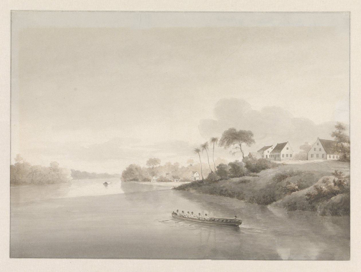 Vista di alcune case lungo un fiume, possibilmente la Jodensavanne da Hendrik Huygens