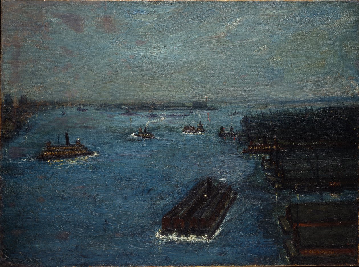 East River, sera presto, 1908 circa (olio su tela) da Hendrik J. Glintenkamp