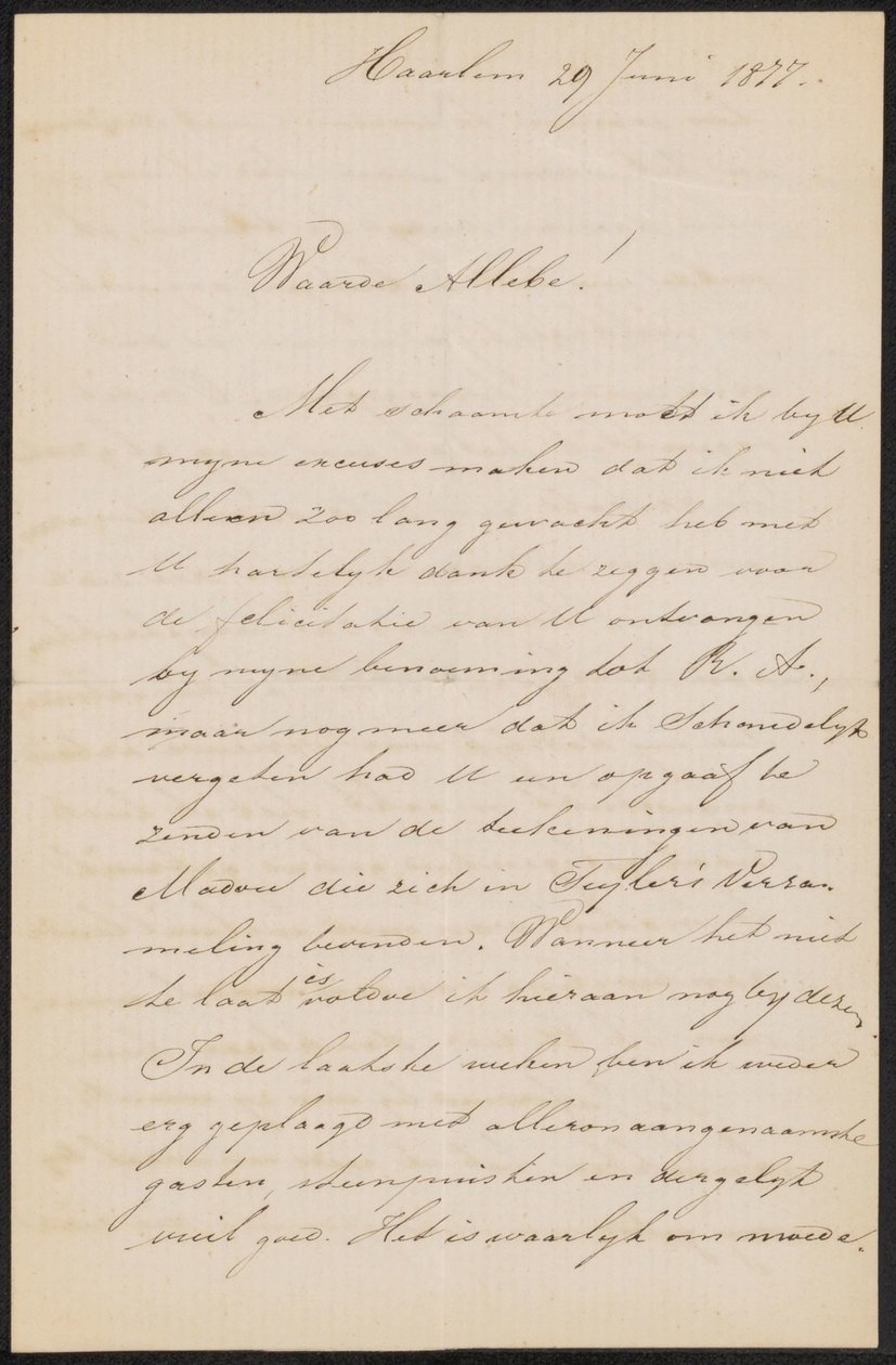 Lettera ad August Allebé da Hendrik Jacobus Scholten