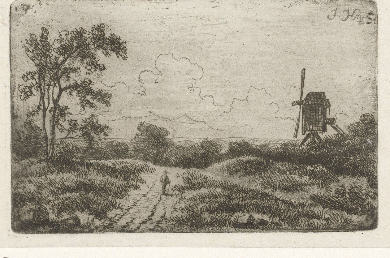 Figura su una strada vicino a un mulino da Hendrik Jan Hein